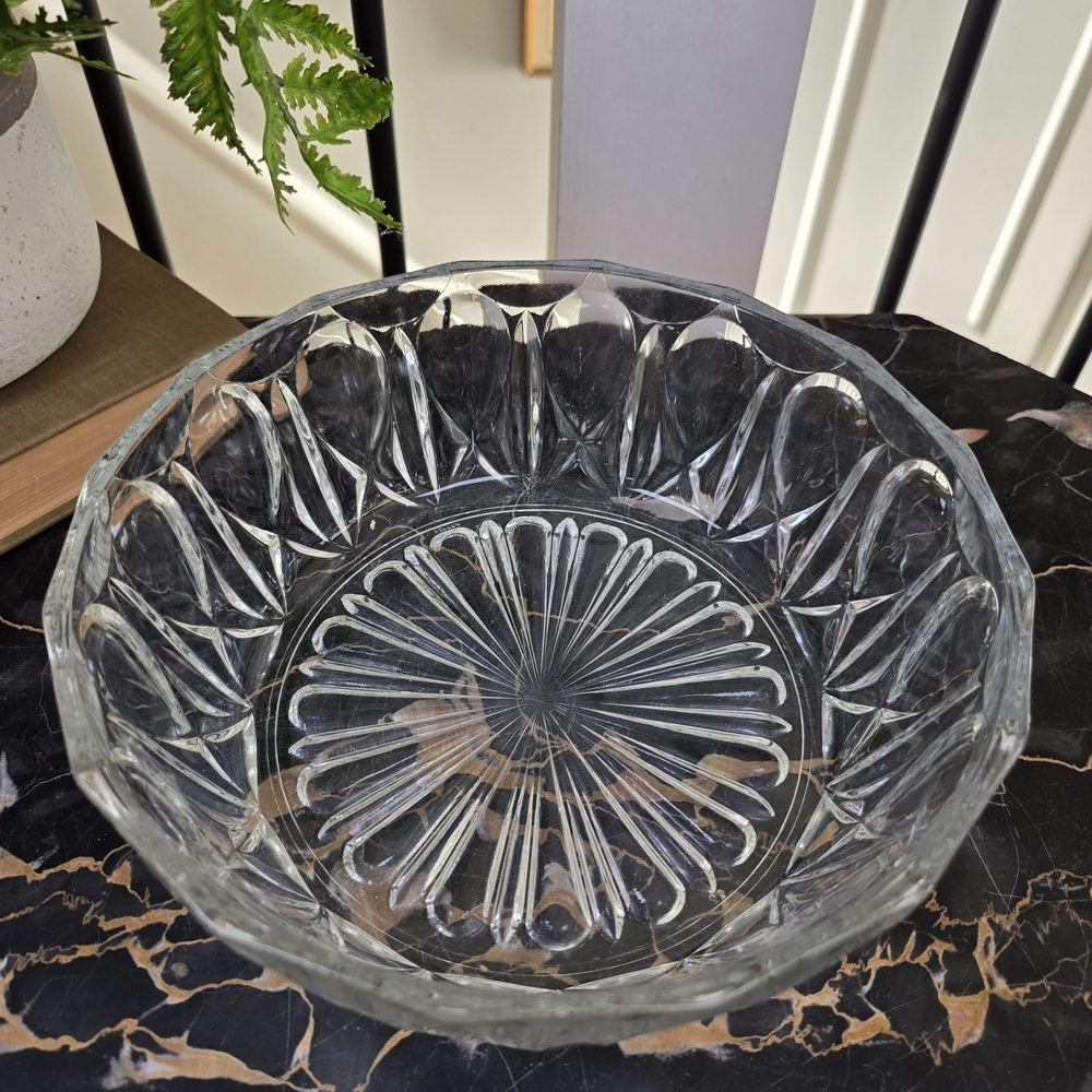 Vintage Reims France Crystal Glass Bowl Oval Cut Rayed Base Serving 8.75"